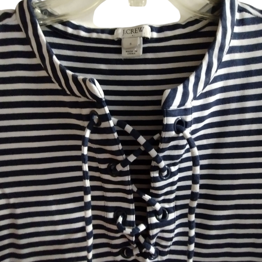 💚 EUC J.Crew Navy White Striped Lace-Up Dress SMALL Nautical Pullover